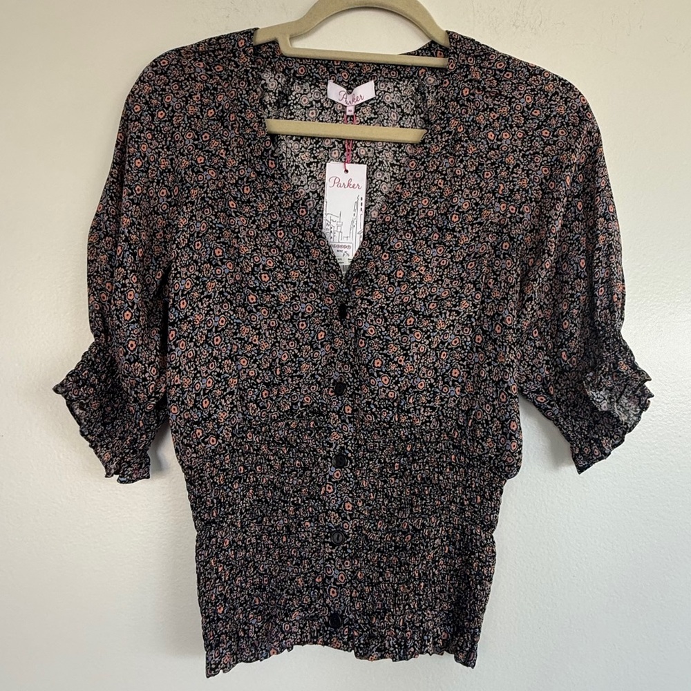Parker NWT Viceroy Floral Button Front Elasticized Sleeve Ends & Hem Blouse, XS